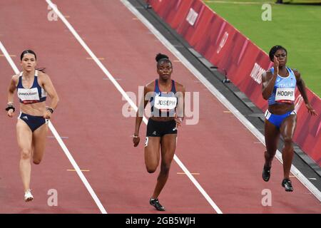 Tokyo, Japan. 03rd Aug, 2021. Rafalia Spanoudaki (GRE), Gemina Joseph (FRA), Gloria Hooper (ITA) compete on women's 200m semi-final during the Olympic Games Tokyo 2020, Athletics, on August 1, 2021 at Tokyo Olympic Stadium in Tokyo, Japan - Photo Yoann Cambefort/Marti Media/DPPI Credit: Independent Photo Agency/Alamy Live News Stock Photo