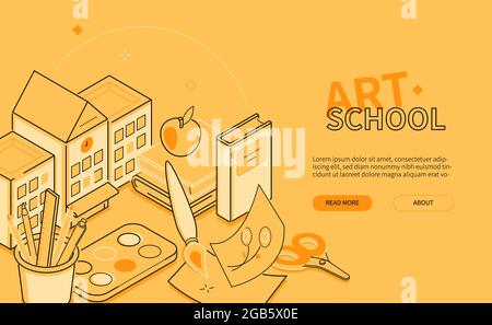 Art school - line design style isometric web banner on orange background with copy space for text. Studying and upgrowth idea. Pencils, brush and pain Stock Vector
