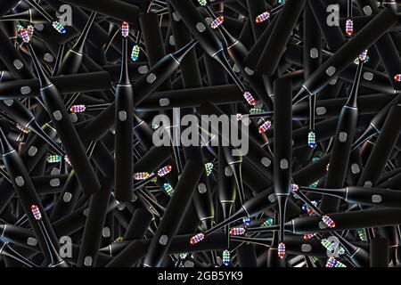 Texture of a black electric toothbrush with multi-colored bristles Stock Photo