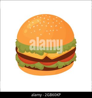 Fast food cheeseburger, tasty fastfood snack vector illustration. Cartoon unhealthy double burger with cheese, salad and meat, junk food menu for restaurant or cafe isolated on white Stock Vector