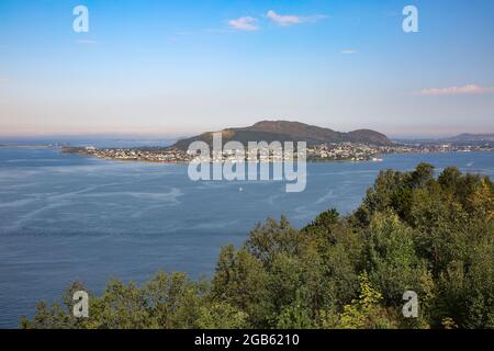 View of the beautiful landscape of the archipelago, islands and fjords from the viewpoint Aksla, Alesund, Norway. Stock Photo