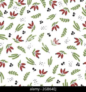Hand drawn vector seamless pattern with leaves and berries on white background. Herbal texture Stock Vector