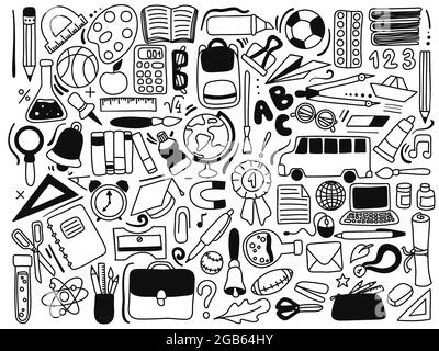 Big set with school hand drawn doodle items in graphic style. Design elements. Supplies for studying. Black and white vector illustration. Stock Vector