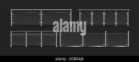 Section of glass fences set, 3d handrails acrylic fencing collection, plexiglass railing Stock Vector