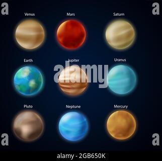 Solar system planets, 3d Earth Mars Mercury Saturn Uranus Jupiter Venus Neptune in sky Stock Vector
