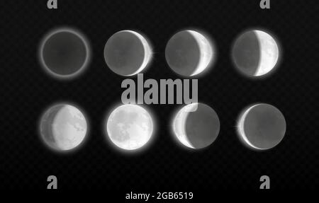 Moon eclipse, different phases astronomy infographic. Lunar eclipse full cycle in scientific transparent background, realistic moonlight in stages Stock Vector