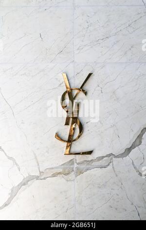 Facade of YSL store outside the Miami Design District in Miami, Florida. Luxury shopping center and store. Stock Photo