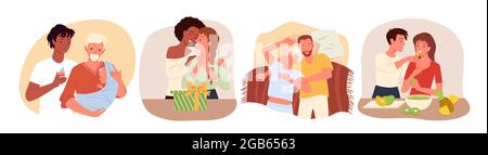 Cartoon lover characters standing, hugging and smiling, cooking food, sleeping in bedroom isolated on white. Couple people spend happy time together Stock Vector