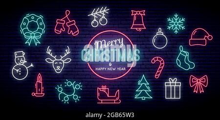 Christmas and New Year Neon Signs. Winter Holiday Symbols. Vector illustration. Stock Vector