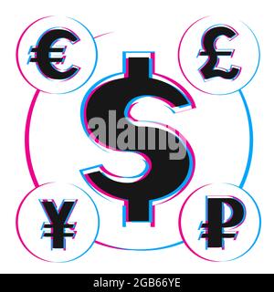 glitch money sign symbol set Stock Vector