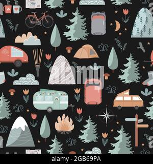 Hand drawn vector seamless pattern with summer camping equipment. Trailers, mountains, trees, and tourist objects in Scandinavian style. Dark Stock Vector