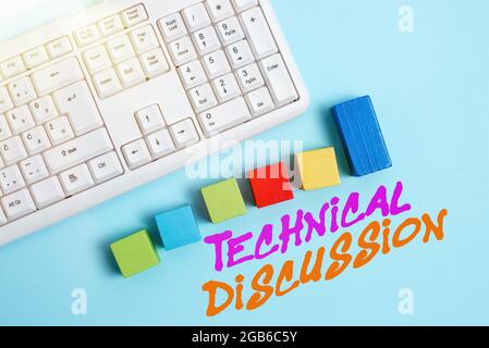 Text sign showing Technical Discussion, Word for conversation or debate about a specific technical issue Stack of Sample Cube Rectangular Boxes On Sur Stock Photo