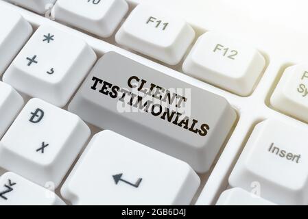 Text caption presenting Client Testimonials, Conceptual photo Written recommendation from a satisfied customer Typing Program Schedule, Retyping And D Stock Photo