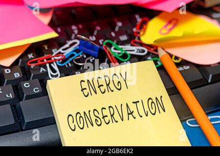 Sign displaying Energy Conservation, Word for Reduction in the amount of energy consumed in a process Multiple Assorted Collection Office Stationery P Stock Photo