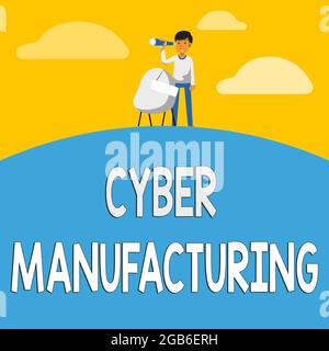Conceptual display Cyber Manufacturing, Business idea transformative concept that aims the translation of data Man Binoculars Illustration Standing Ch Stock Photo
