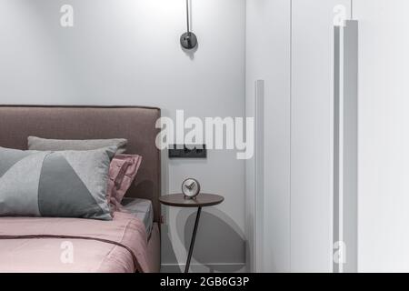 Modern Minimalism Style Bedroom Interior In  grey Tones Stock Photo
