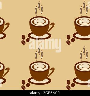 Seamless vector illustration of a hot cup of coffee with coffee beans on a beige background. Stock Vector