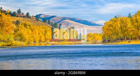 panorama of fall colors along the bitterroot river near missoula, montana Stock Photo