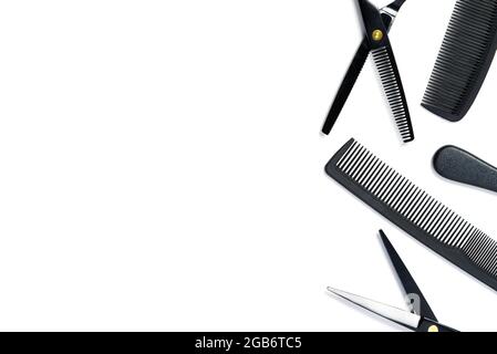 layout on white from scissors and combs for hairdressing services Stock Photo