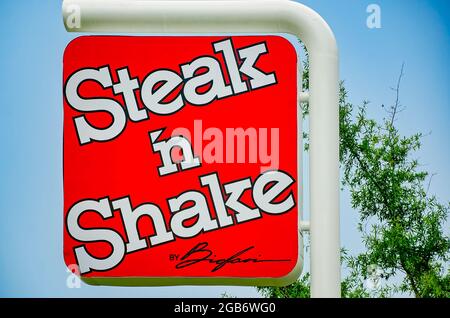 The Steak ’n Shake sign is pictured at a restaurant on Highway 90, Aug. 1, 2021, in Mobile, Alabama. Steak ’n Shake was founded in 1934 in Illinois. Stock Photo