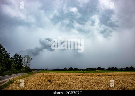 rain falls in streaks from a cloud in countryside area, field in the foreground, weather Stock Photo