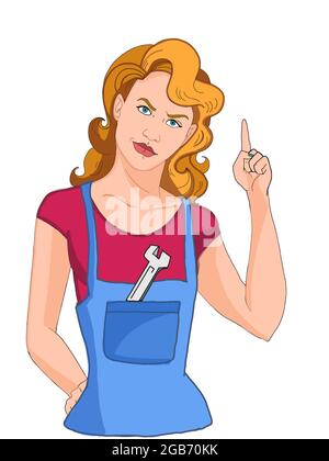 pop art ,cartoon , repair  woman, waist up, pointing  up Stock Photo