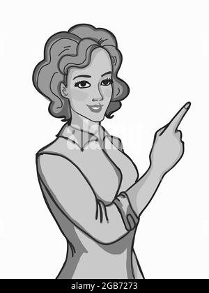 cartoon,pop art, woman,characters  illustration ,pointing,gray colors Stock Photo