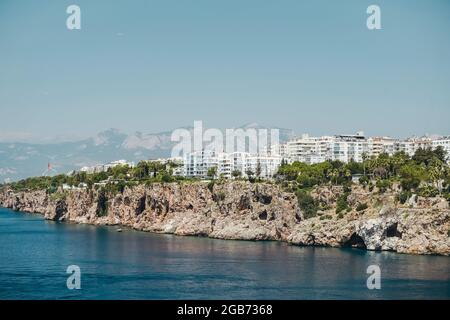 View of Antalya Turkey and the Mediterranean Sea. Panorama of Antalya in summer sunny weather. Turkish resorts, attractions and travel. High quality photo Stock Photo