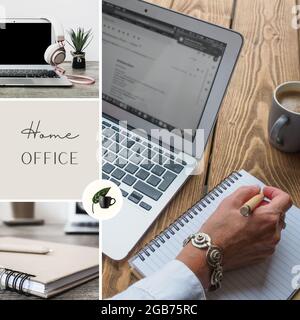 Home office concept. Collage of three images with home office workspace. Mood board. Social media template. Stock Photo