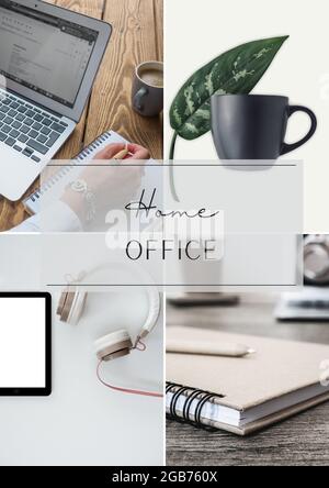 Home office concept. Collage of four images with home office workspace. Mood board. Social media template. Stock Photo