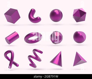 Realistic 3D pink metal Geometric Shapes Objects. Realistic geometry elements isolated on white background with metallic color gradient. Stock Vector