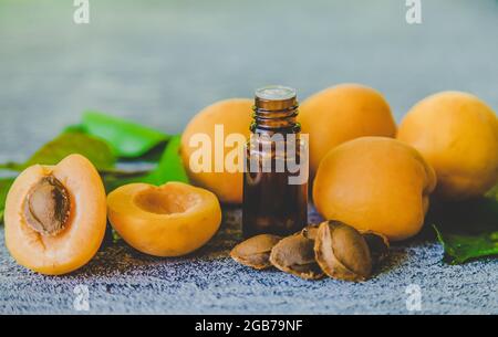 Apricot kernel oil in a small bottle. Selective focus. Nature.