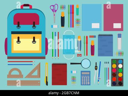 Collection of school supplies, isolated on white background. Stock Vector