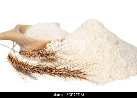 Wheat flour. Flour close-up. An ingredient for baking bread and rolls. Scoop with flour Stock Photo