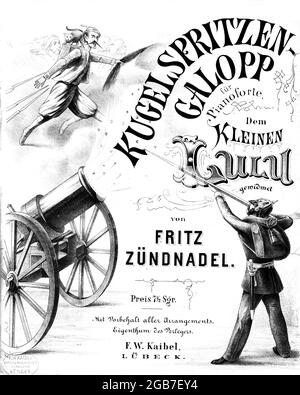 Kugelspritzen Galop, German sheet music ca. 1860s with cannon and rifle firing soldier shooting at enemy and his cat. Stock Photo