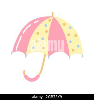 Cartoon pink with yellow umbrella from the rain. Cute childish clipart. Childrens print for baby clothes, album or room decoration. Stock Vector