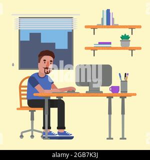 Concentrated man working on the computer in his office. Stock Vector