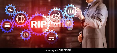 RIP. Businessman pressing virtual screen Routing Information Protocol. Technology networks cocept. Stock Photo