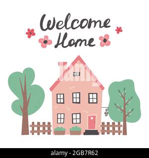 Welcom home lettering with cute house Hand drawn trendy illustration Stock Vector