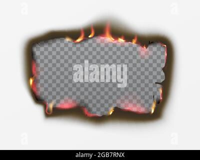 Realistic Burnt hole in paper with fire and black ash. Stock Vector