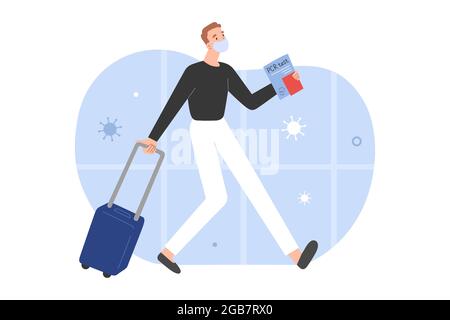 Traveller passing border with negative PCR test result for covid-19 with his covid certificate at airport, wearing protective mask, vector cartoon Stock Vector