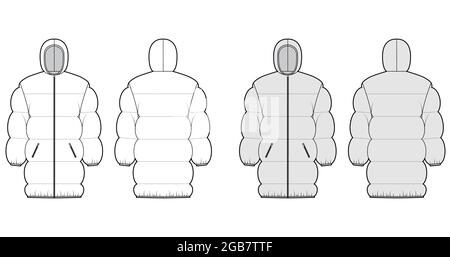 Down puffer jacket coat technical fashion illustration with hoody collar, zip-up closure, pockets, oversized, thigh length, wide quilting. Flat template front, back, white, grey color style. Women men Stock Vector