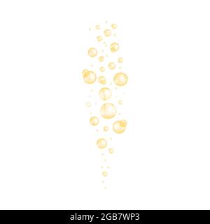 Golden bubbles stream. Fizzy carbonated drink, soda, champagne, seltzer texture. Glossy balls of collagen, serum, jojoba cosmetic oil, vitamin A or E, omega fatty acids. Vector realistic illustration Stock Vector