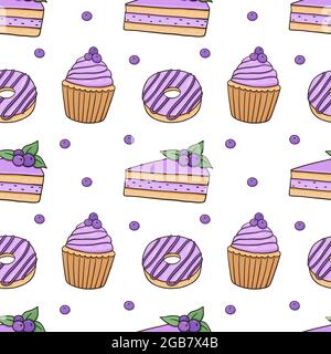 Seamless pattern with glazed donuts, blueberry cupcakes and cakes on white background. Vector background in colored doodle style. Perfect for menu, wrapping paper, packaging designs, decorations. Stock Vector