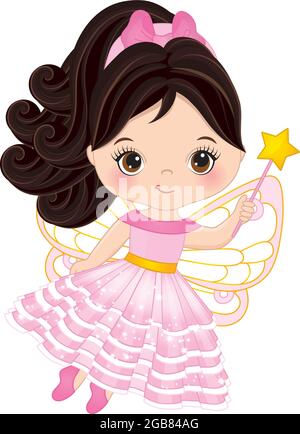 Cute Dark-Haired Fairy Girl in Pink Dress Holding Magic Wand. Vector Little Fairy Stock Vector