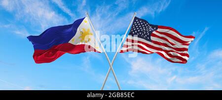 Philippines two flags on flagpoles and blue cloudy sky Stock Photo - Alamy