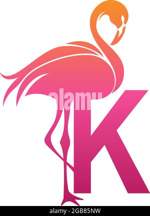 Flamingo bird icon with letter K Logo design vector template Stock Vector