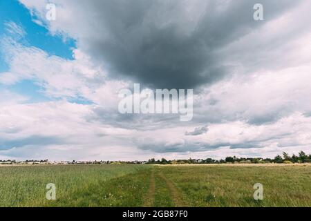 Country Road Through Spring Wheat Field. Pathway, Way, Open Road In Agricultural Landscape Stock Photo