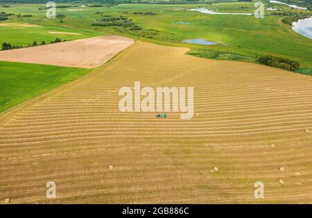 Aerial View Tractor Collects Dry Grass In Straw Bales In Wheat Field. Special Agricultural Equipment. Hay Bales, Hay Making. Stock Photo