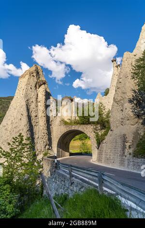 The natural earth pyramids of Euseigne in the valley of Herens are one of Switzerland's most important geological sights. Stock Photo